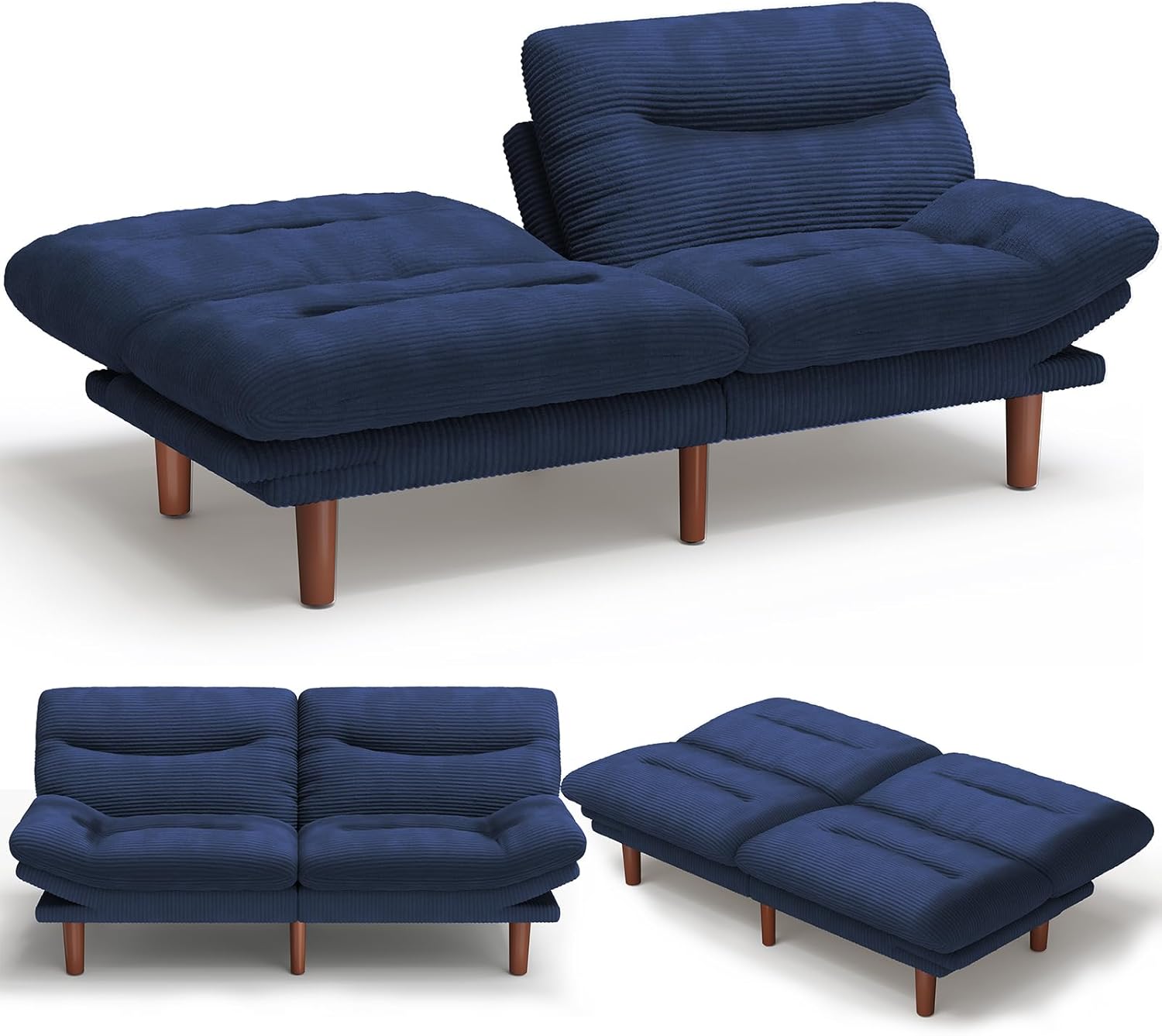 AMADA Sofá Cama Futón Convertible de 66", Juego de Futón Plegable de Pana con Respaldo y Reposabrazos Ajustables, Sillón Reclinable para Sala de Estar, Departamento u Oficina, Marco de Madera Sólida