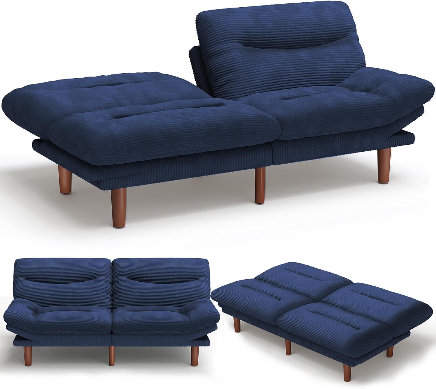 AMADA Sofá Cama Futón Convertible de 66", Juego de Futón Plegable de Pana con Respaldo y Reposabrazos Ajustables, Sillón Reclinable para Sala de Estar, Departamento u Oficina, Marco de Madera Sólida