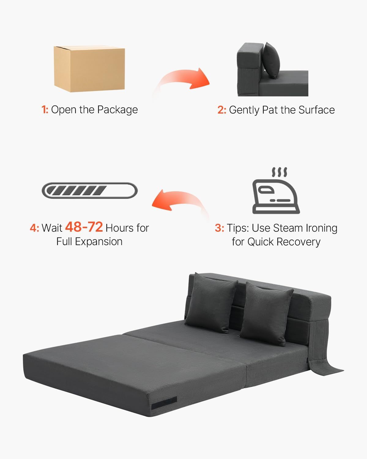 VEVOR - Sofá Cama Plegable 3 en 1 con 2 Almohadas y Funda Lavable, 25D de Espuma viscoelástica Convertible de Alta Densidad, sofá de futón para Sala de Estar, recámara, Gris Oscuro (Individual)