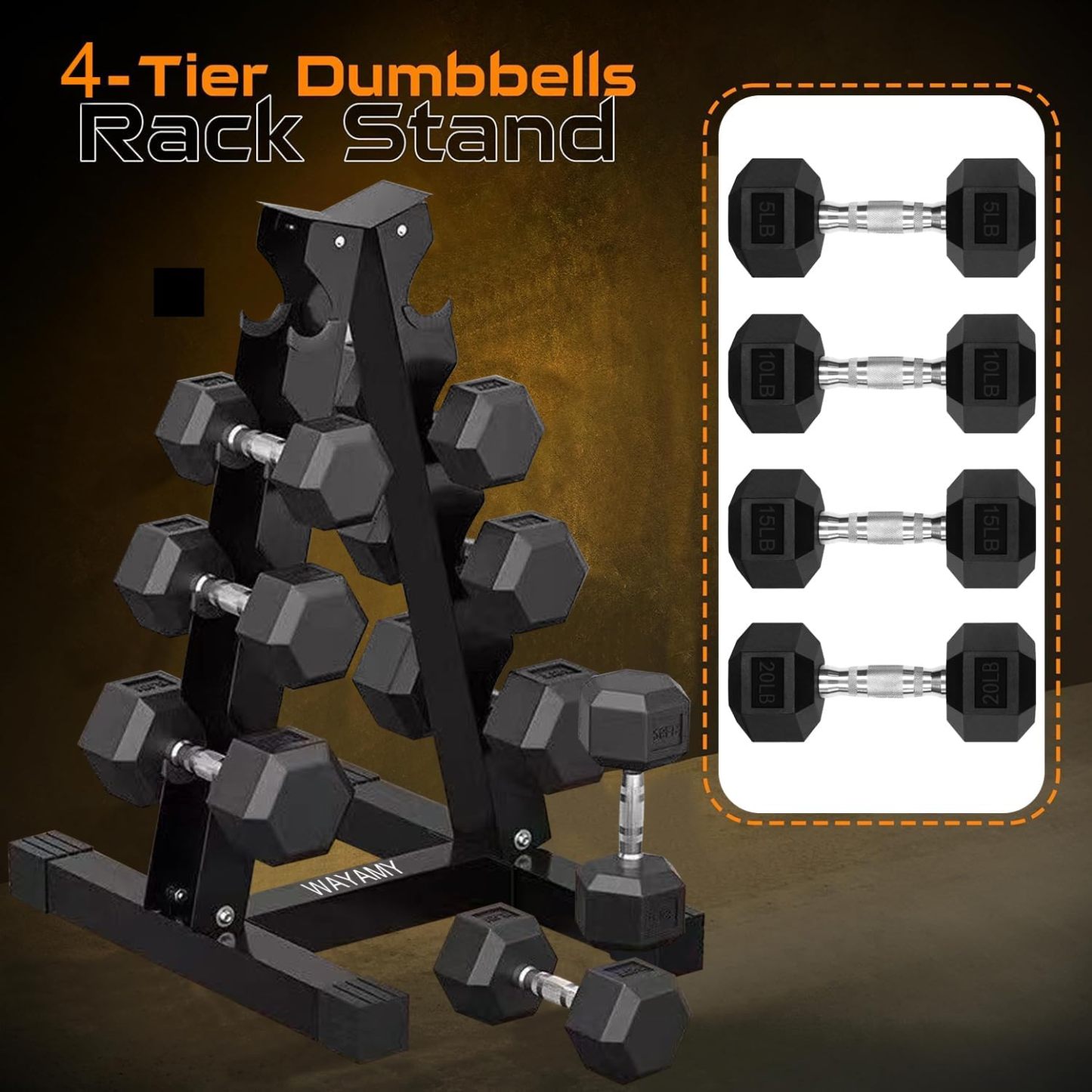 Set de Mancuernas Hexagonales con Rack en A (5LB, 10LB, 15LB, 20LB), Mancuerna Hexagonal con Revestimiento de Goma, Ideal para Gimnasio en Casa, Entrenamiento y Gimnasio para hombres y mujeres, 8 pesas
