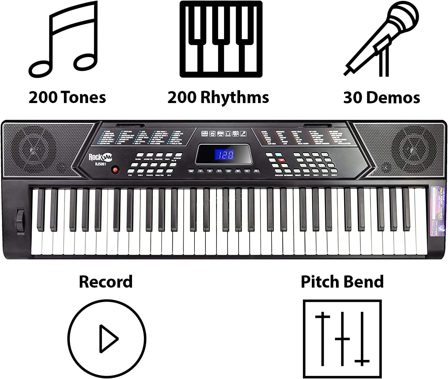 RockJam - Kit de piano con teclado de 61 teclas con banco para teclado, soporte para teclado, auriculares, pegatinas para notas de piano y lecciones de piano Simply