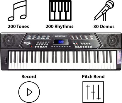 RockJam - Kit de piano con teclado de 61 teclas con banco para teclado, soporte para teclado, auriculares, pegatinas para notas de piano y lecciones de piano Simply