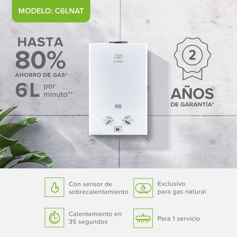 Calentador de Agua 6 Litros AVERA Boiler de Paso Gas Natural para 1 Servicio AVERA C6LNAT Calentador de Paso Uso Exclusivo Gas Natural