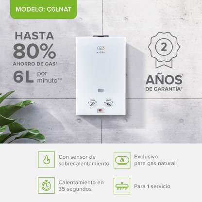 Calentador de Agua 6 Litros AVERA Boiler de Paso Gas Natural para 1 Servicio AVERA C6LNAT Calentador de Paso Uso Exclusivo Gas Natural