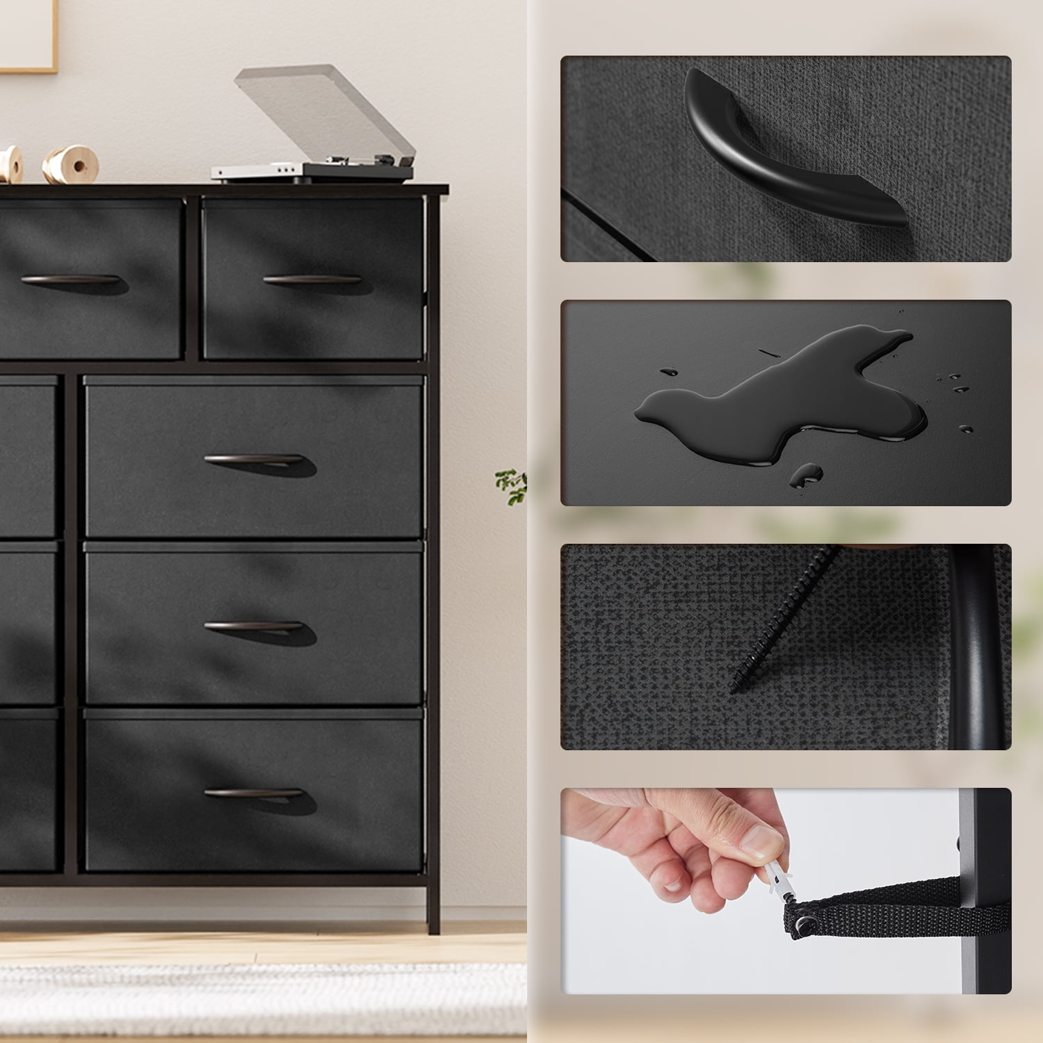 Yanming Cómoda de Tela con 9 cajones, Estructura de Acero y Tapa de Madera para Dormitorio, Armario, Entrada