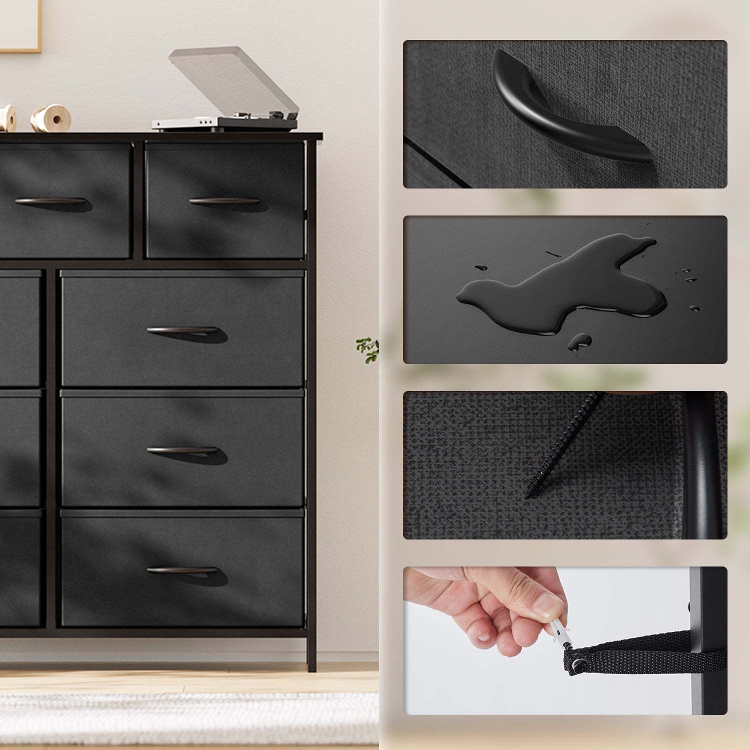 Yanming Cómoda de Tela con 9 cajones, Estructura de Acero y Tapa de Madera para Dormitorio, Armario, Entrada