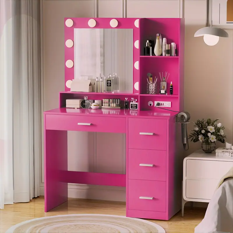 Tocador con luces y espejo, mesa de maquillaje con cajón y toma de corriente