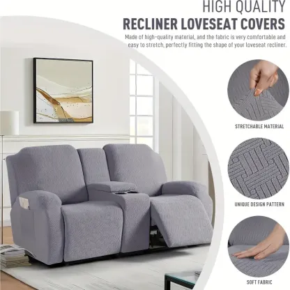 Juego clsico de fundas para silln reclinable de consola central de 8 piezas: polister elstico y spandex con cierre elstico, funda para muebles lavable a mquina de dise?o de una sola pieza para silln de masaje de teatro de 2 asientos