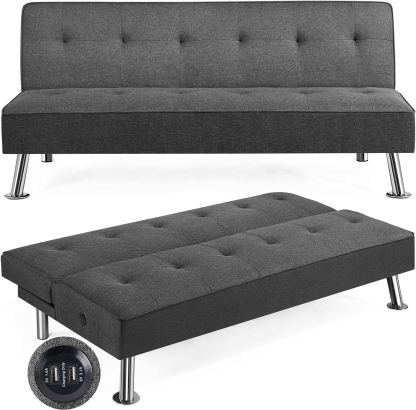 Yaheetech - Sofá Cama Convertible Moderno con 2 Puertos de Carga USB Integrados de Tela, Patas de Metal, 3 ángulos Ajustables para una Vida compacta, Departamento, recámara, habitación Extra Gris