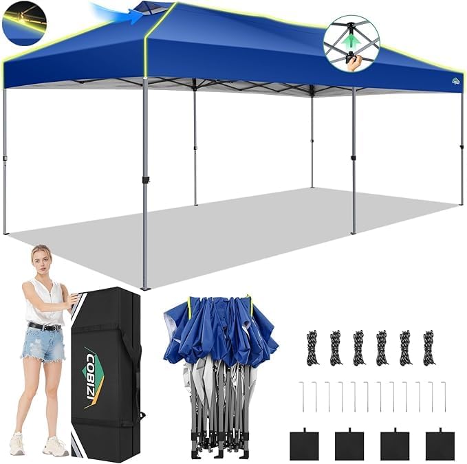COBIZI - Tienda de campaña desplegable de 10 x 20 Pulgadas, Tienda de campaña instantánea Comercial para Bodas, Fiestas con 3 Altura Ajustable, toldo Ez Up para Exteriores, Impermeable, UPF50+ con