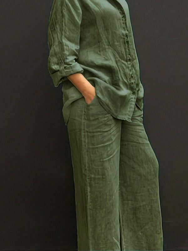 Women's Solid Color Shirt & Wide Leg Pants Set, Casual Fashion Cozy Breathable Two-piece Outfits for Daily Outdoor Wear, Women Clothes for Spring Fall