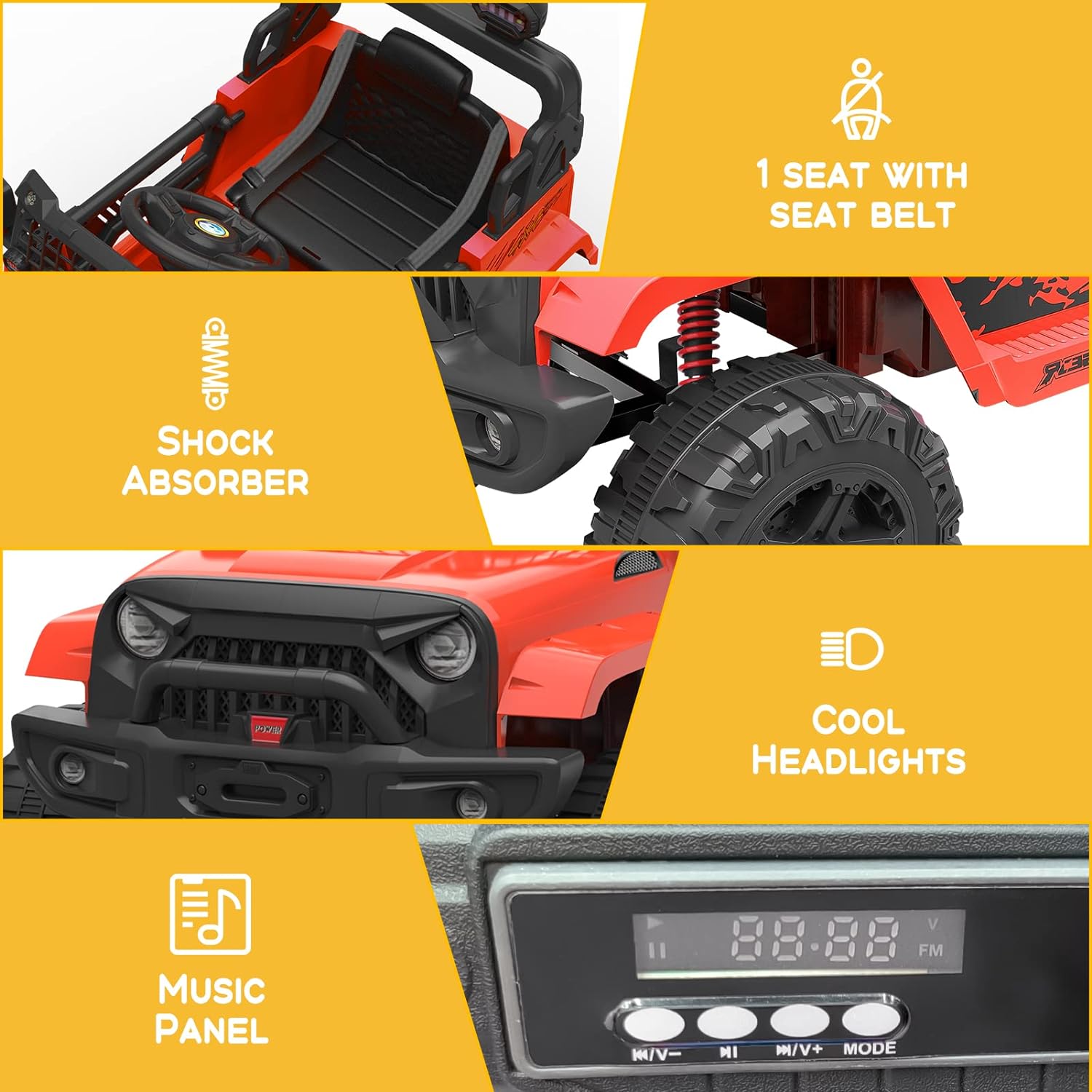 Hetoy Ride on Truck Car 12V Kids Electric Vehicles with Remote Control Spring Suspension, LED Lights, Bluetooth, 2 Speeds