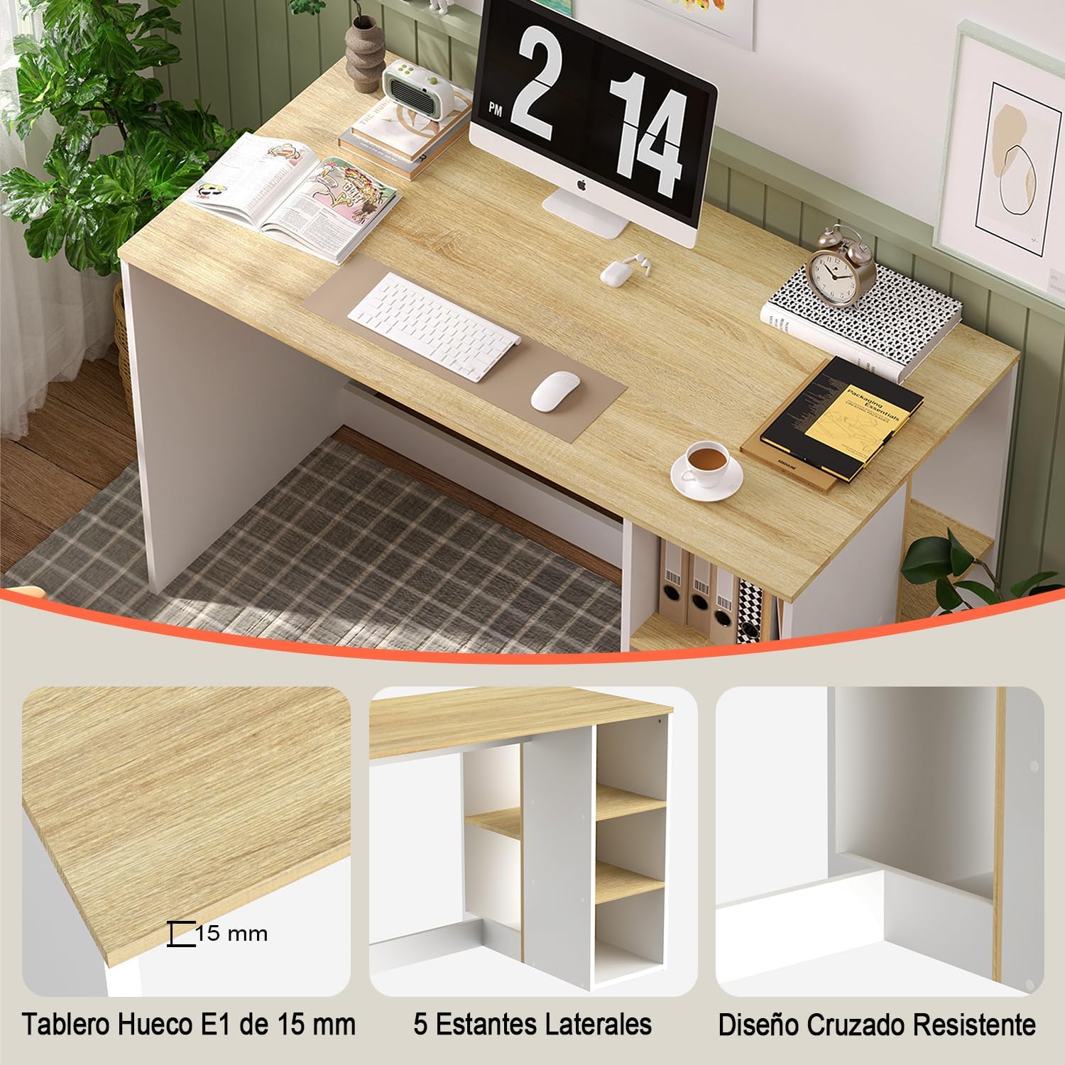 FurnitureR Escritorio para Computadora de Oficina con Almacenamiento Escritorio de Trabajo y Estudio con 5 Estantes Mesa Portátil para Estudiantes Escritorio de Escritura Moderno Haya y Blanco-Bolígrafo de carbono metálico, bolígrafo de firma negro.
