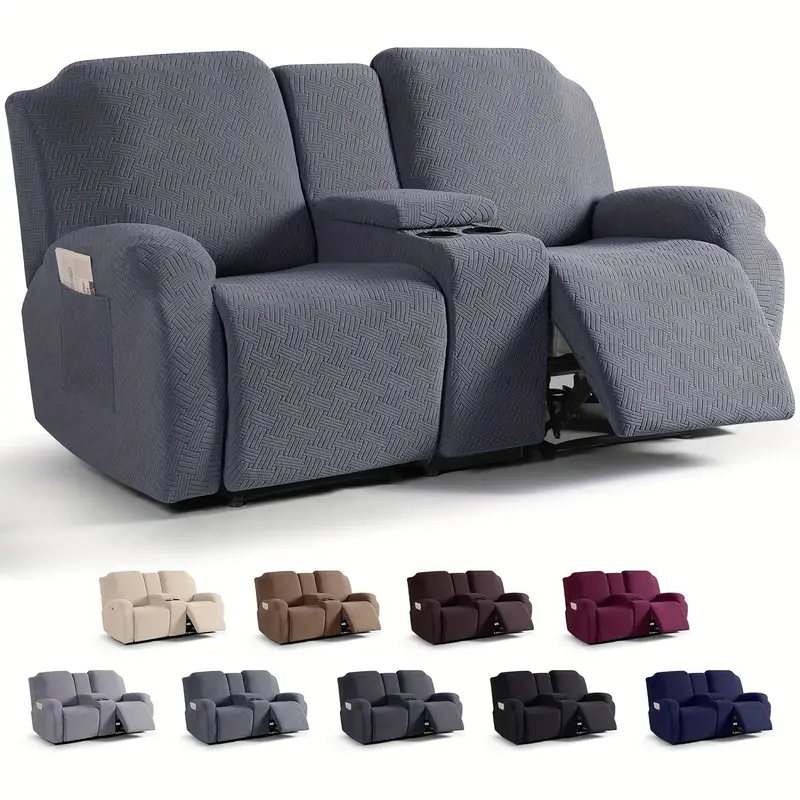 Juego clsico de fundas para silln reclinable de consola central de 8 piezas: polister elstico y spandex con cierre elstico, funda para muebles lavable a mquina de dise?o de una sola pieza para silln de masaje de teatro de 2 asientos