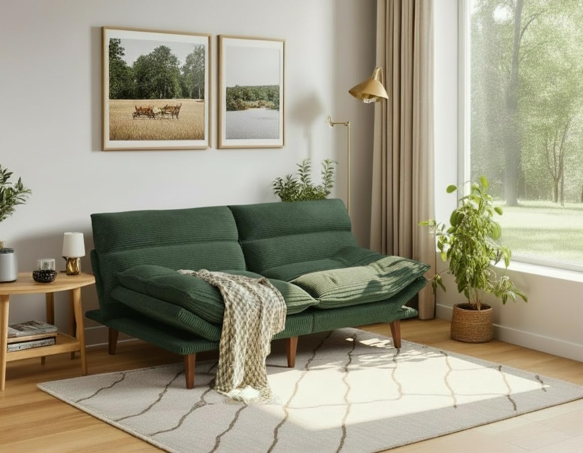 AMADA Sofá Cama Futón Convertible de 66", Juego de Futón Plegable de Pana con Respaldo y Reposabrazos Ajustables, Sillón Reclinable para Sala de Estar, Departamento u Oficina, Marco de Madera Sólida
