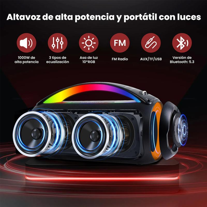 AUDISHAKO Altavoz Bluetooth 5.3 de 1000W con Chip Bluetooth 5.3 10 Luces LED Ambientales Reproductor TF/USB/AUX/FM Batería 7,4V 4000mAh 12 Horas Autonomía Funda Tela Modo EQ 3 Preajustes