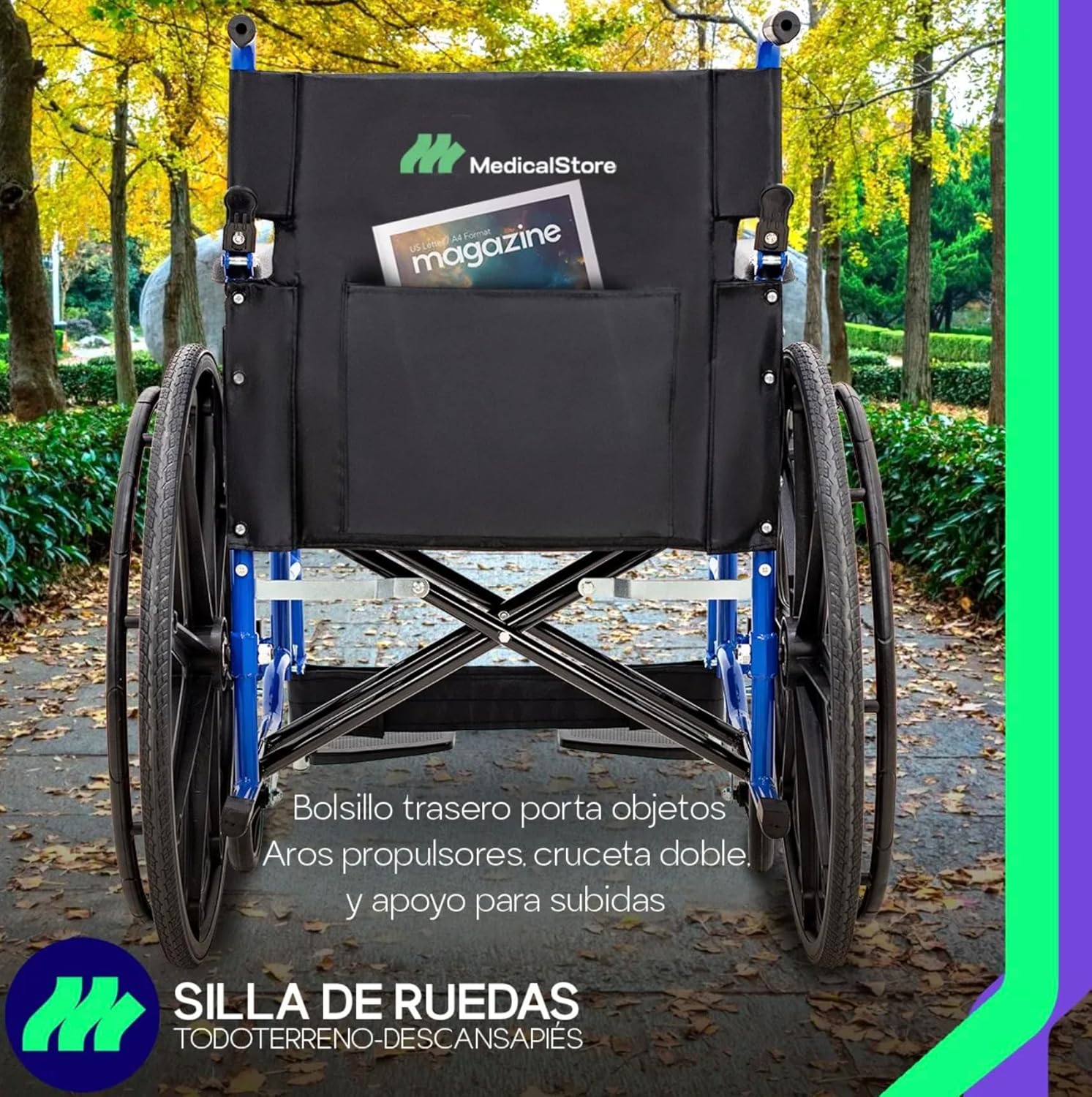 MEDICAL STORE Silla De Ruedas Ligera Adulto Mayor Todo Terreno Traslado Plegable Compacta Con Freno De Mano Rehabilitación Con Descansa Pies Abatible