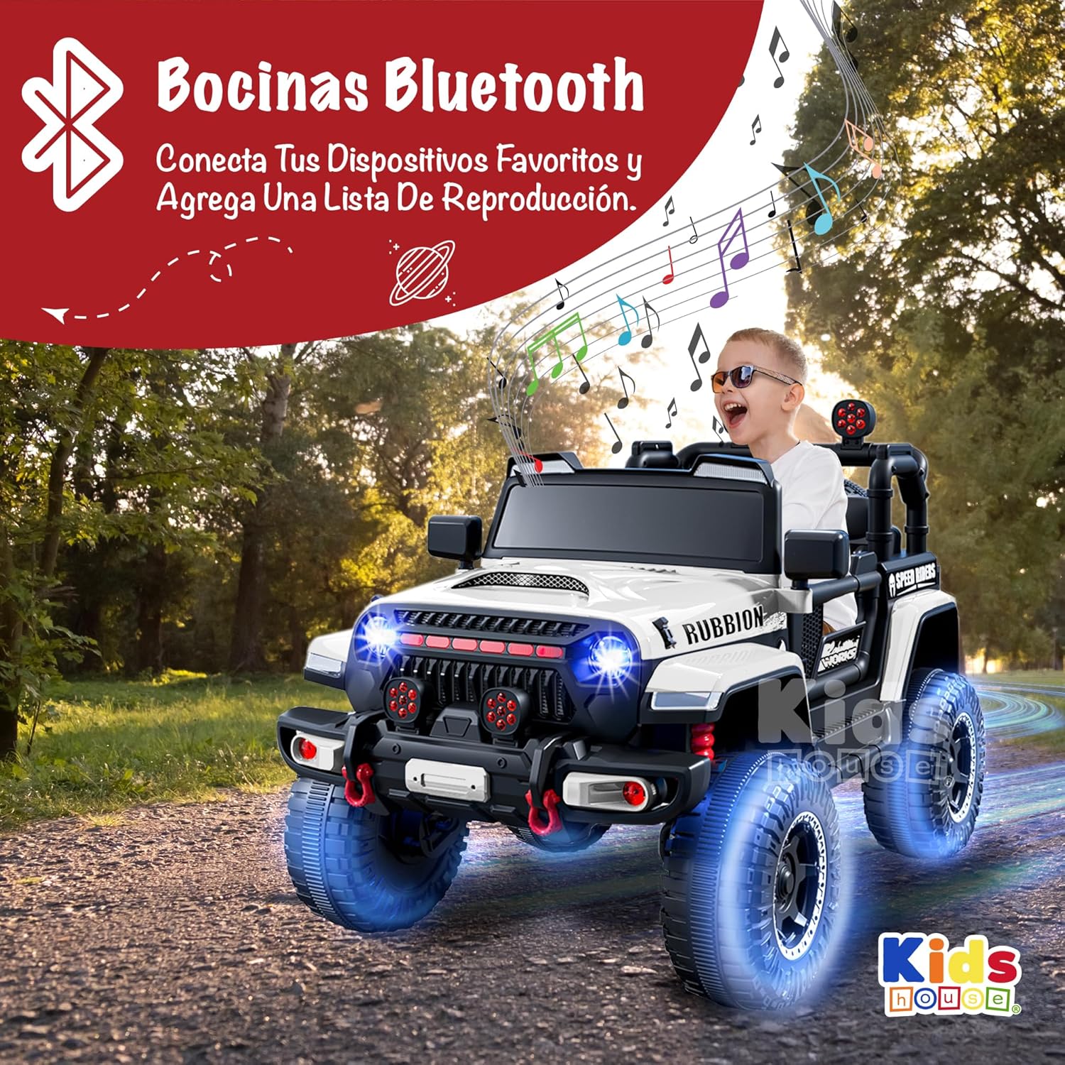 Kids House Carrito Montable Eléctrico Niños Turbo, Doble Puerta, Función Balanceo, Control Remoto Bluetooth, USB MP3, Música y Luces LED, Motor Dual 12V, Inicio Botón,Diseño Seguro (Blanco)