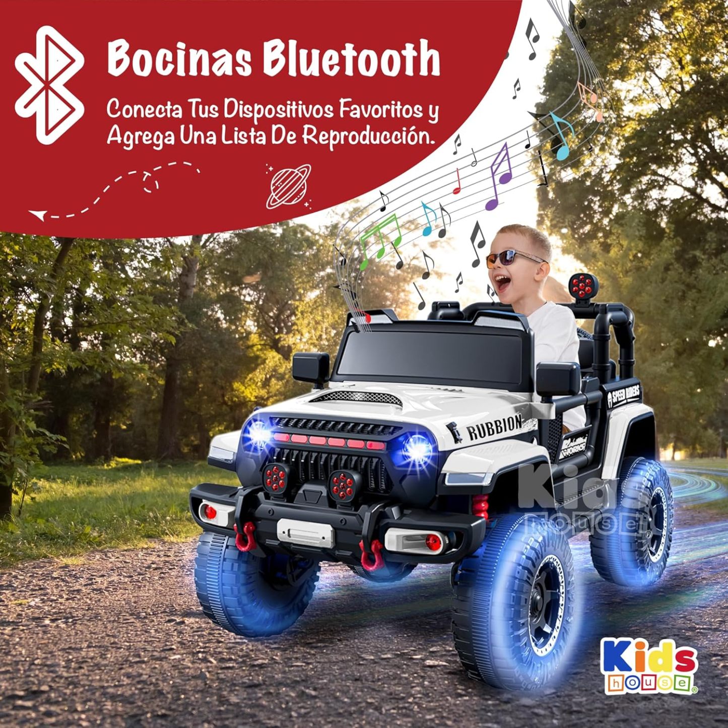Kids House Carrito Montable Eléctrico Niños Turbo, Doble Puerta, Función Balanceo, Control Remoto Bluetooth, USB MP3, Música y Luces LED, Motor Dual 12V, Inicio Botón,Diseño Seguro (Blanco)