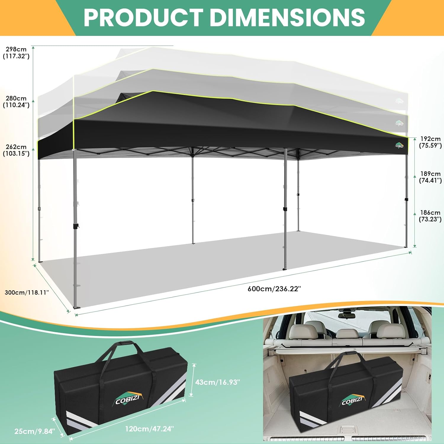 COBIZI - Tienda de campaña desplegable de 10 x 20 Pulgadas, Tienda de campaña instantánea Comercial para Bodas, Fiestas con 3 Altura Ajustable, toldo Ez Up para Exteriores, Impermeable, UPF50+ con
