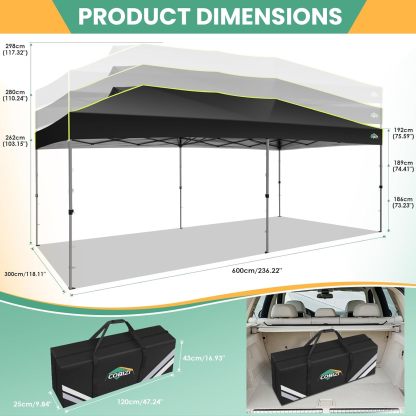 COBIZI - Tienda de campaña desplegable de 10 x 20 Pulgadas, Tienda de campaña instantánea Comercial para Bodas, Fiestas con 3 Altura Ajustable, toldo Ez Up para Exteriores, Impermeable, UPF50+ con