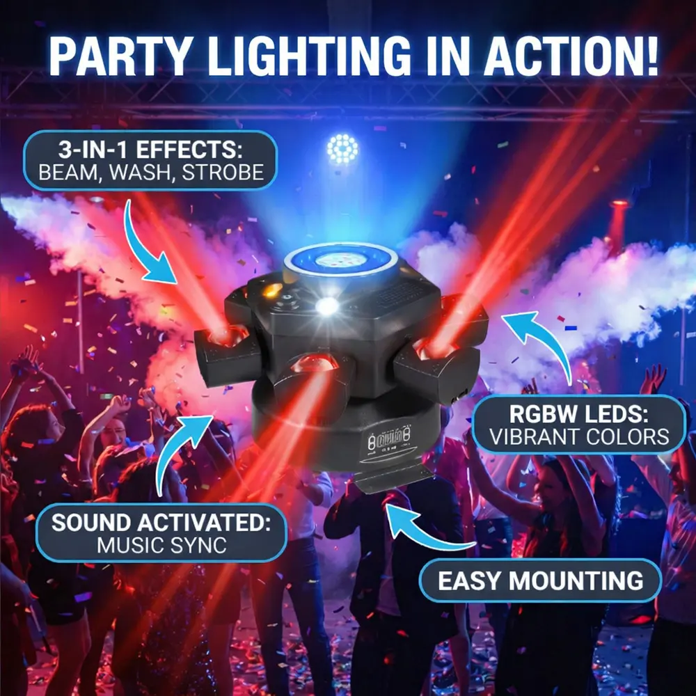 🎵Luces de DJ con cabeza móvil para fiestas, luz de escenario 6 en 1 LED RGBW de 6 brazos, luces de DJ para fiestas, compatible con DMX-512 y activación por sonido.🎉