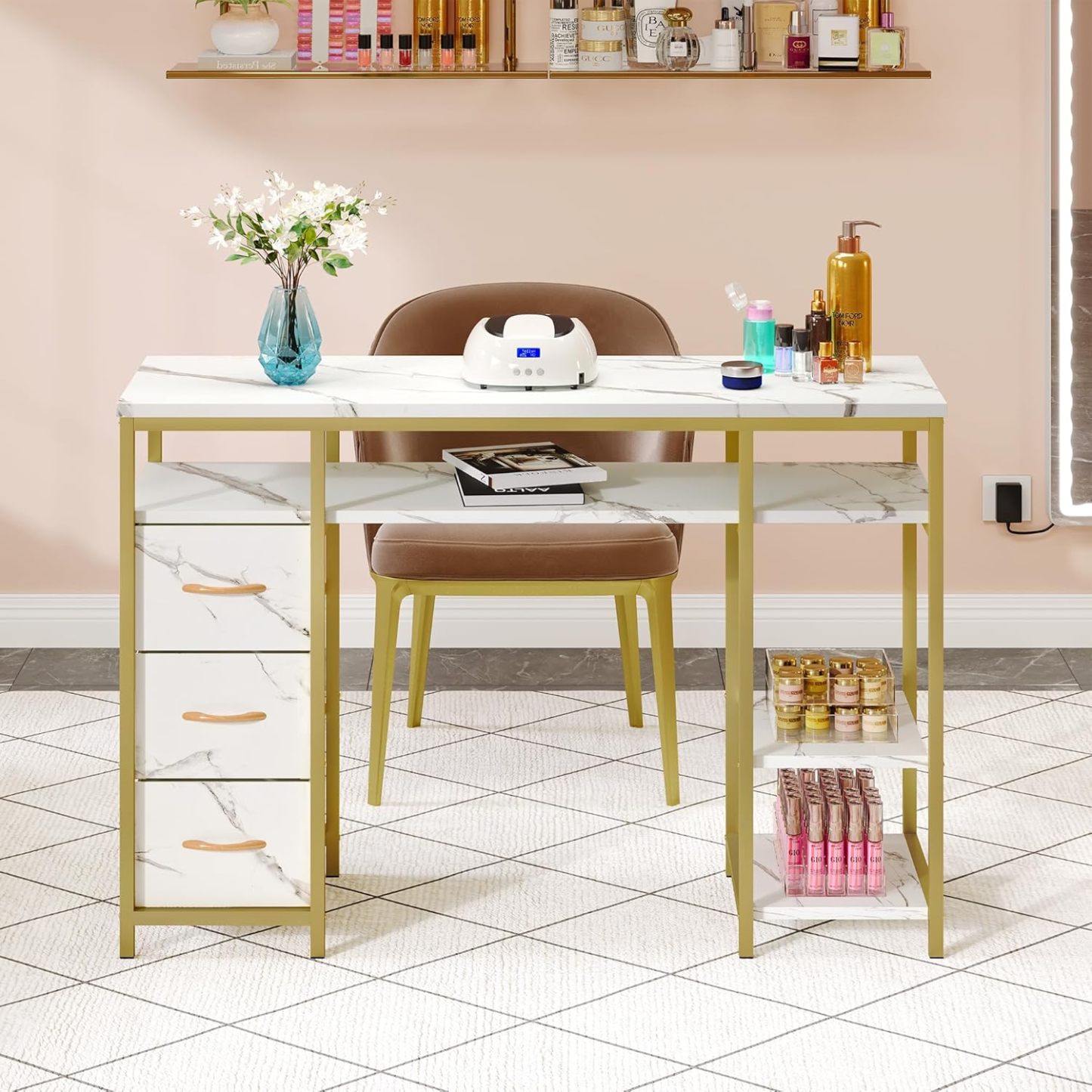 DWVO - Mesa de manicura para uñas, computadora de manicura con Textura marmolada con 3 cajones, estación de Mesa de uñas Resistente a la acetona para salón de Belleza, SPA (Blanco)