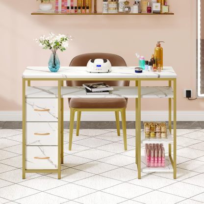 DWVO - Mesa de manicura para uñas, computadora de manicura con Textura marmolada con 3 cajones, estación de Mesa de uñas Resistente a la acetona para salón de Belleza, SPA (Blanco)