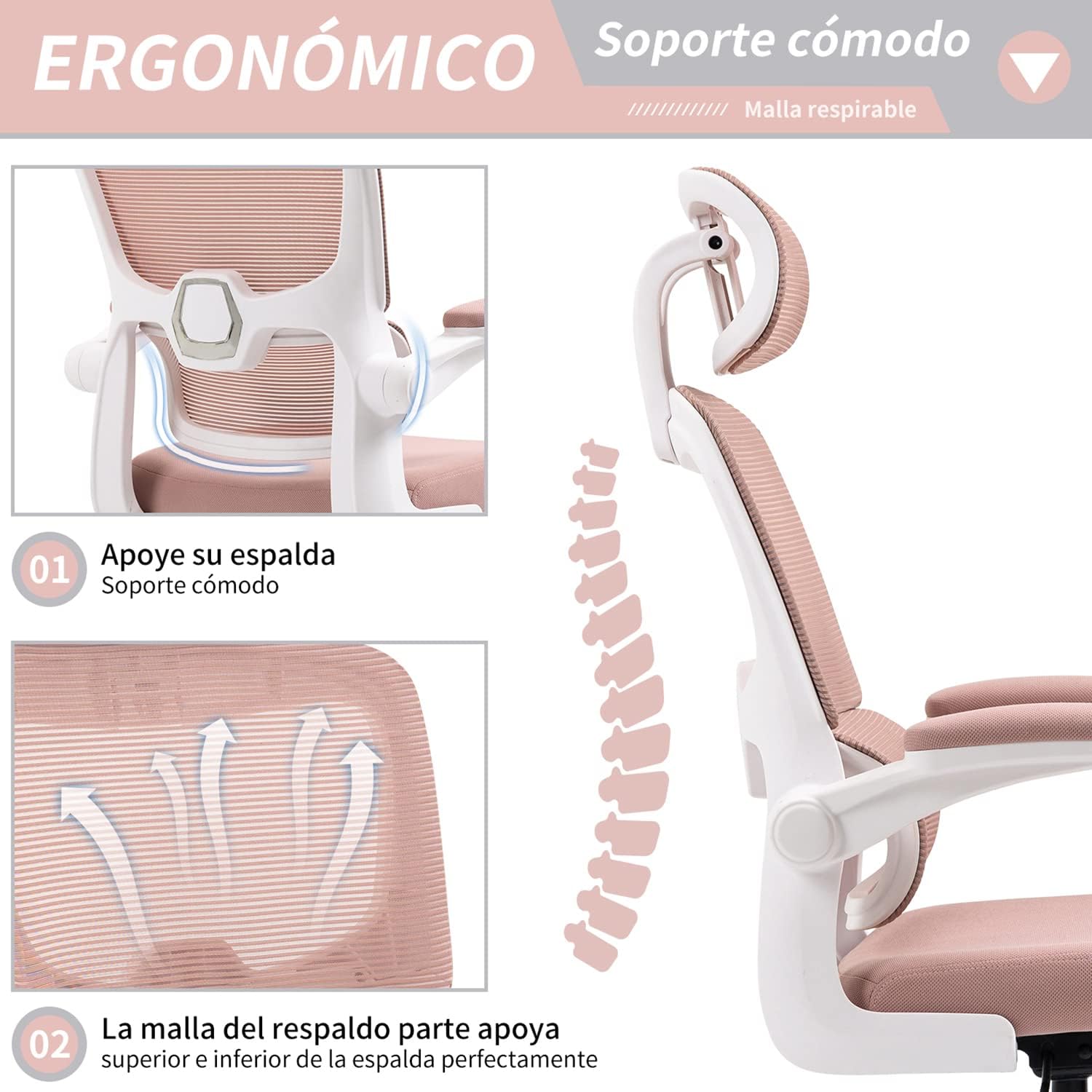 HOMEMAKE FURNITURE Silla Oficina ergonómica de Respaldo Alto con Soporte Lumbar Ajustable Altura reclinable descansabrazos Ajustables Silla Gamer sillas para Escritorio Silla ergonomica Rosa