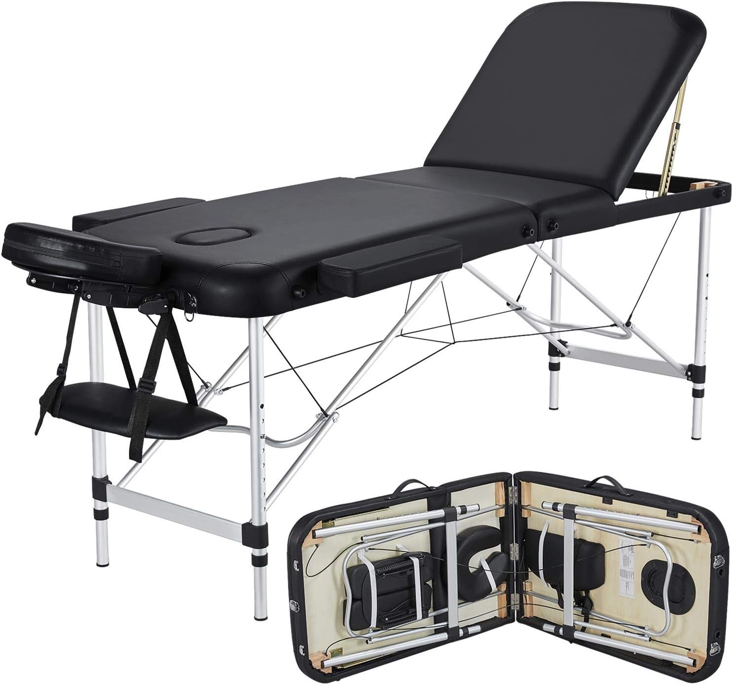 Yaheetech - Mesas de Masaje portátil para Tatuaje, Cama Ajustable de Aluminio, 3 Camas de SPA Plegables con Bolsa no Tejida, 24 Pulgadas de Ancho, Color Negro
