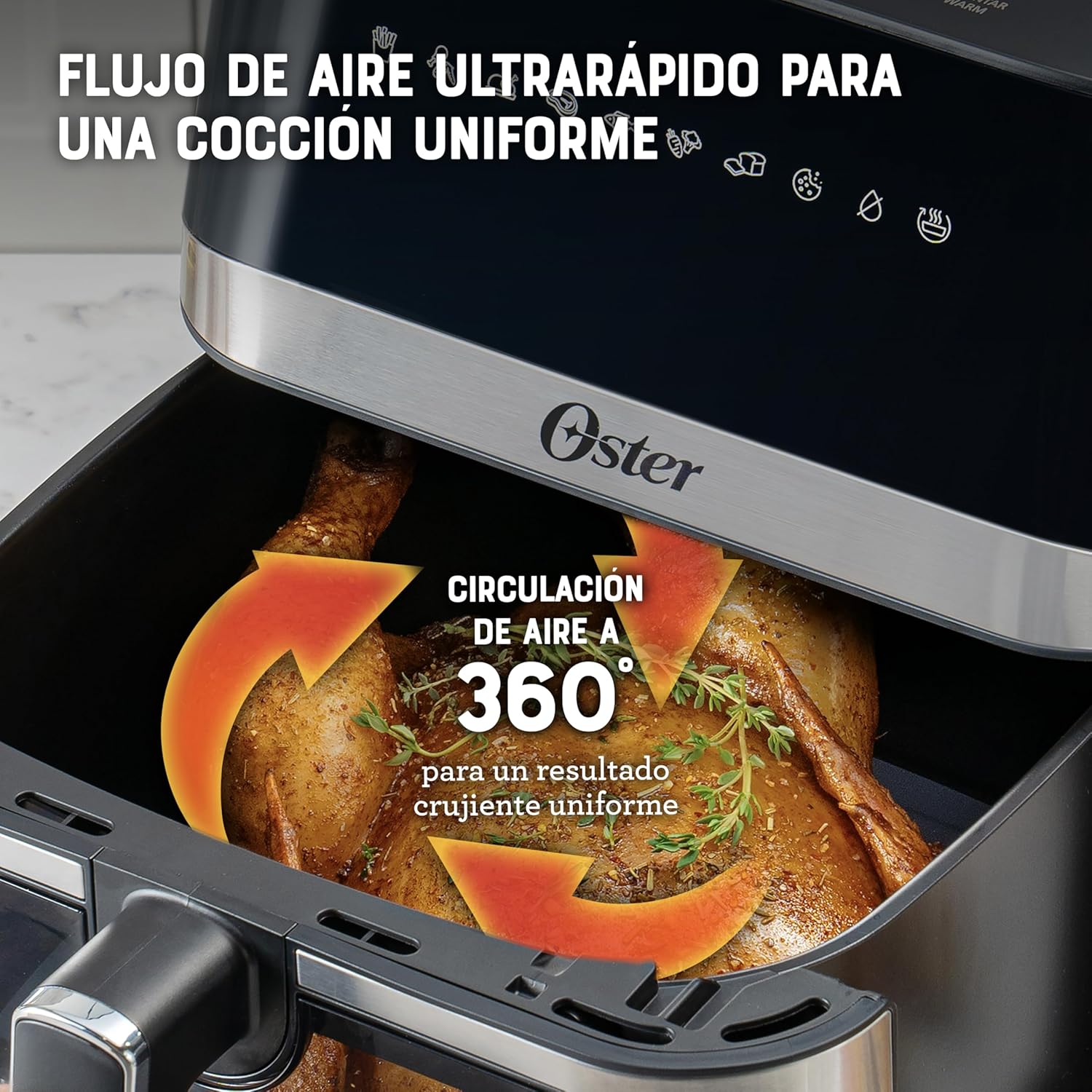 Oster® Freidora de Aire Digital XL 7.5L con Ventana y Luz Interna, Recubrimiento DiamondForce, 10 Programas Automáticos, Modelo CKSTAF75WDSSDF