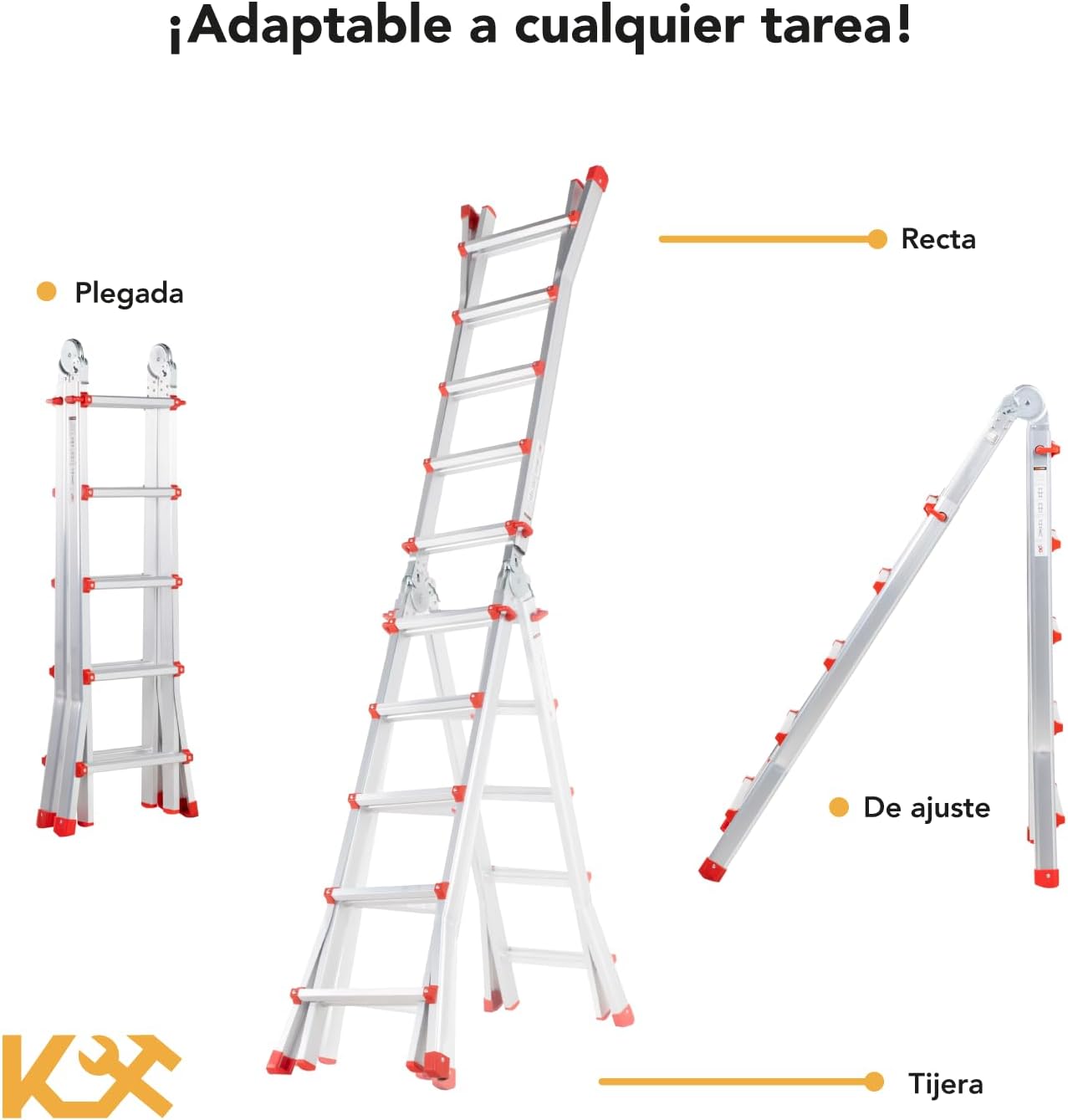 Kingsman | Escalera Multiposiciones 12 Peldaños con Charolas – Soporta hasta 150 kg – Escalera de Aluminio 3.5 MTS – Plegable – Escalera Multipropósito – Tipo Tijera – Andamio – Escalera Recta