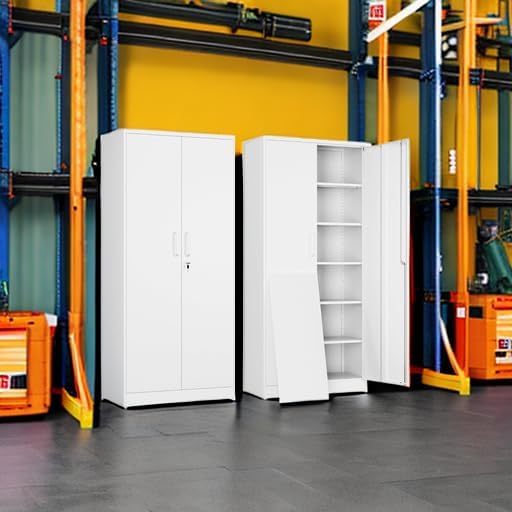 Yizosh - Gabinete de almacenamiento de metal con 2 puertas y 5 estantes ajustables, archivador de acero de 71 pulgadas, gabinetes de herramientas de bloqueo para oficina, hogar, cochera, gimnasio,