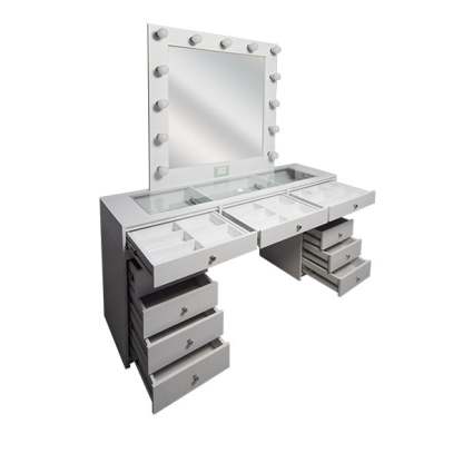 Tocador sofisticado con espejo, con iluminación led de 13 focos ahorradores, con separadores movibles, enchufe y apagador Hollywood. R21 Muebles TOCADOR HOLLYWOOD.