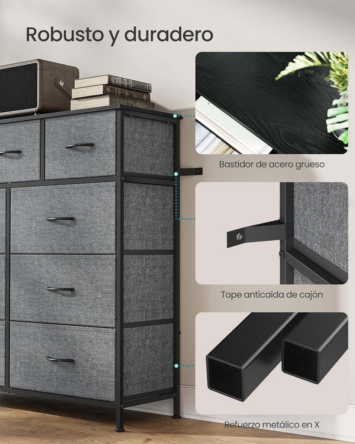 SONGMICS Cómoda, con 9 Cajones, Mueble de Almacenaje, Tela no Tejida, para Dormitorio, Recibidor y Salón, Gris Pizarra MLGS324G101