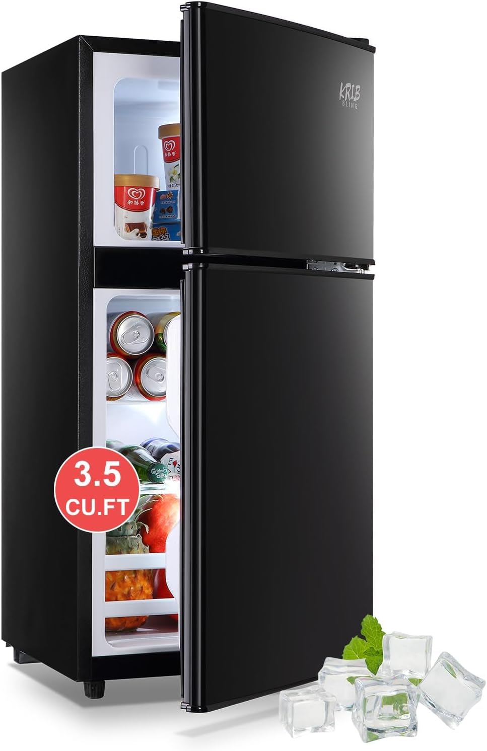 ❄️ KRIB BLING Refrigerador Compacto 3.5 Pies Cúbicos con Congelador Integrado, Doble Puerta, Termostato Ajustable 7 Niveles, Ahorro de Energía, Color Plateado