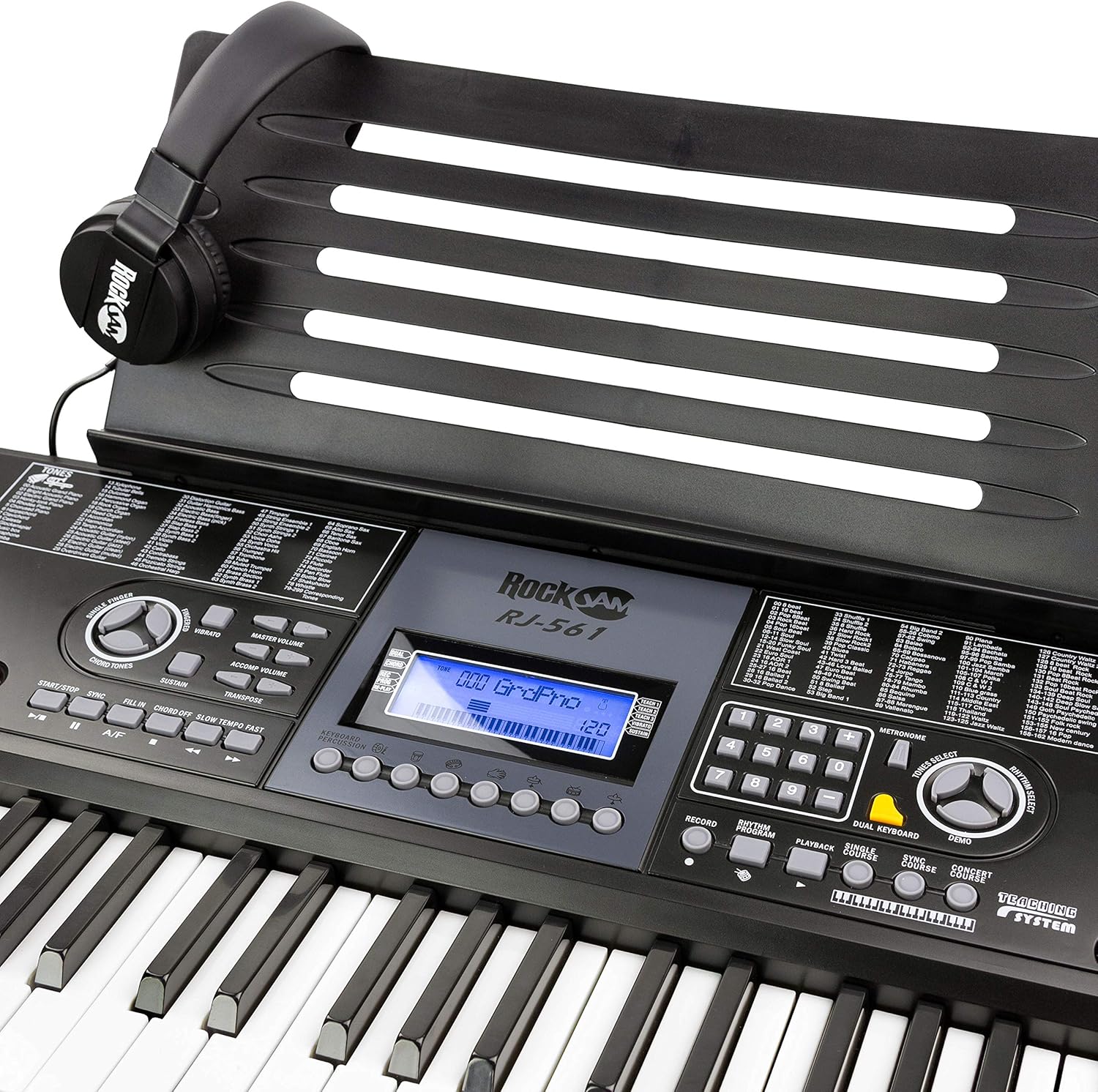 RockJam - Kit de piano con teclado de 61 teclas con banco para teclado, soporte para teclado, auriculares, pegatinas para notas de piano y lecciones de piano Simply