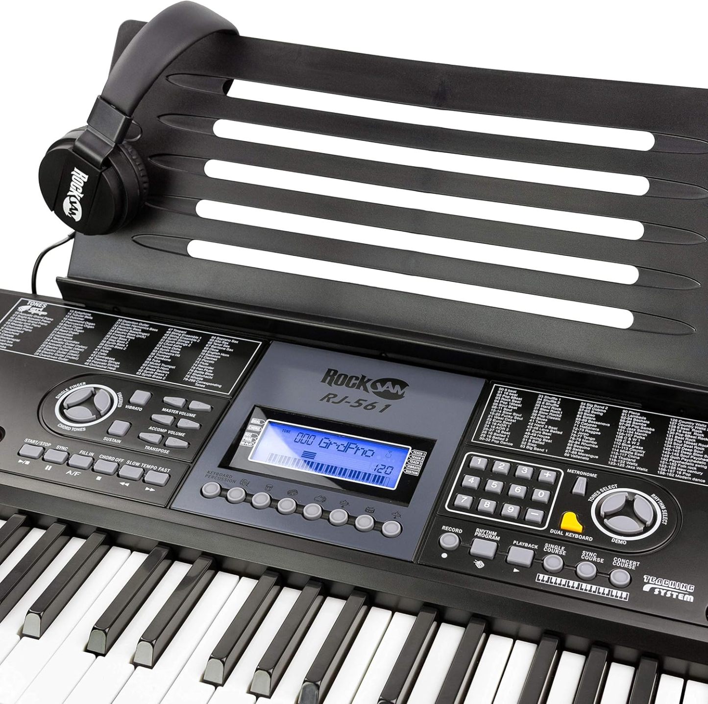 RockJam - Kit de piano con teclado de 61 teclas con banco para teclado, soporte para teclado, auriculares, pegatinas para notas de piano y lecciones de piano Simply