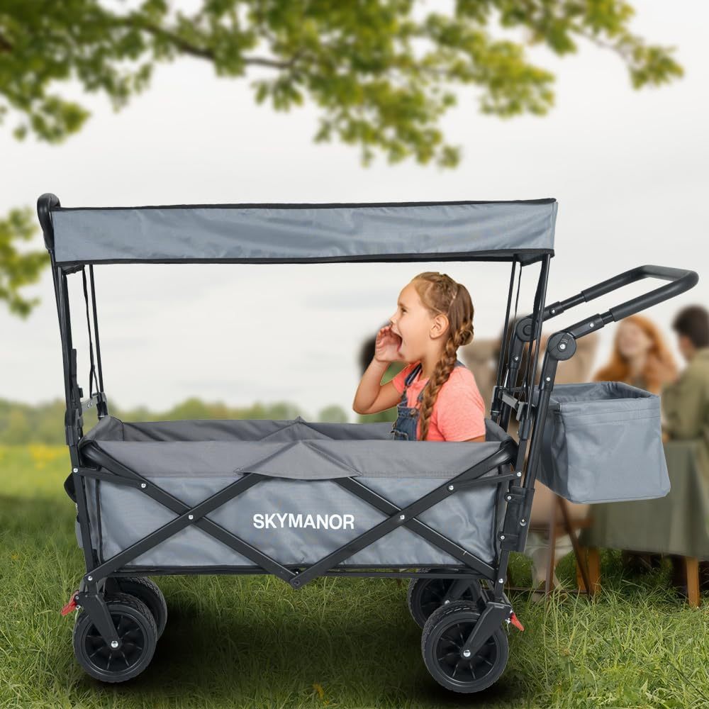 SKYMANOR Carro de jardín plegable 3 en 1 con toldo para niños y carga, carriola plegable EZ ruedas todo terreno, 300 libras, 2 portavasos para cinturón de seguridad, color negro, SKYDPBB