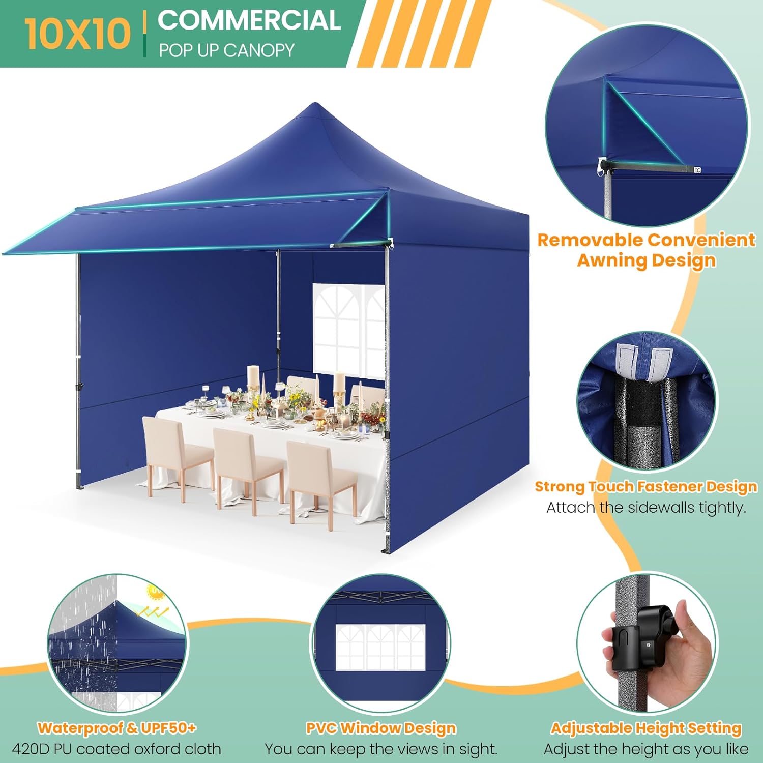 COBIZI - Toldo desplegable de 10 x 20 Pulgadas con 6 Paredes Laterales, toldo Impermeable para Eventos al Aire última intervensión, UPF 50+ cenador portátil para Fiestas, Playa, Camping, Boda,