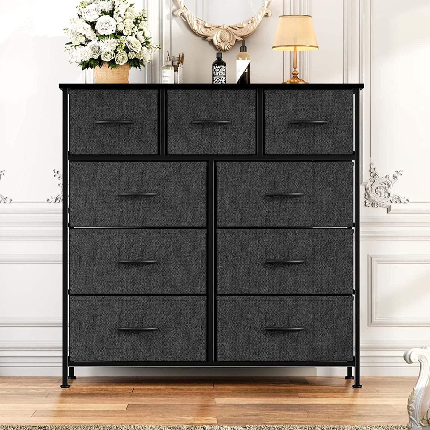 Yanming Cómoda de Tela con 9 cajones, Estructura de Acero y Tapa de Madera para Dormitorio, Armario, Entrada