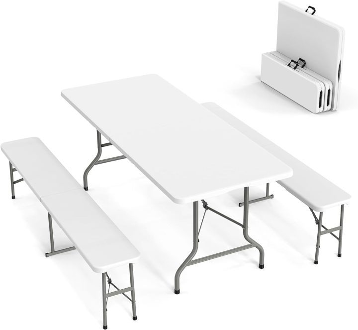 Juego de mesa de picnic con 2 bancos, juego de sillas de mesa de camping de 6 pies, muebles plegables de 3 piezas para uso interior o exterior