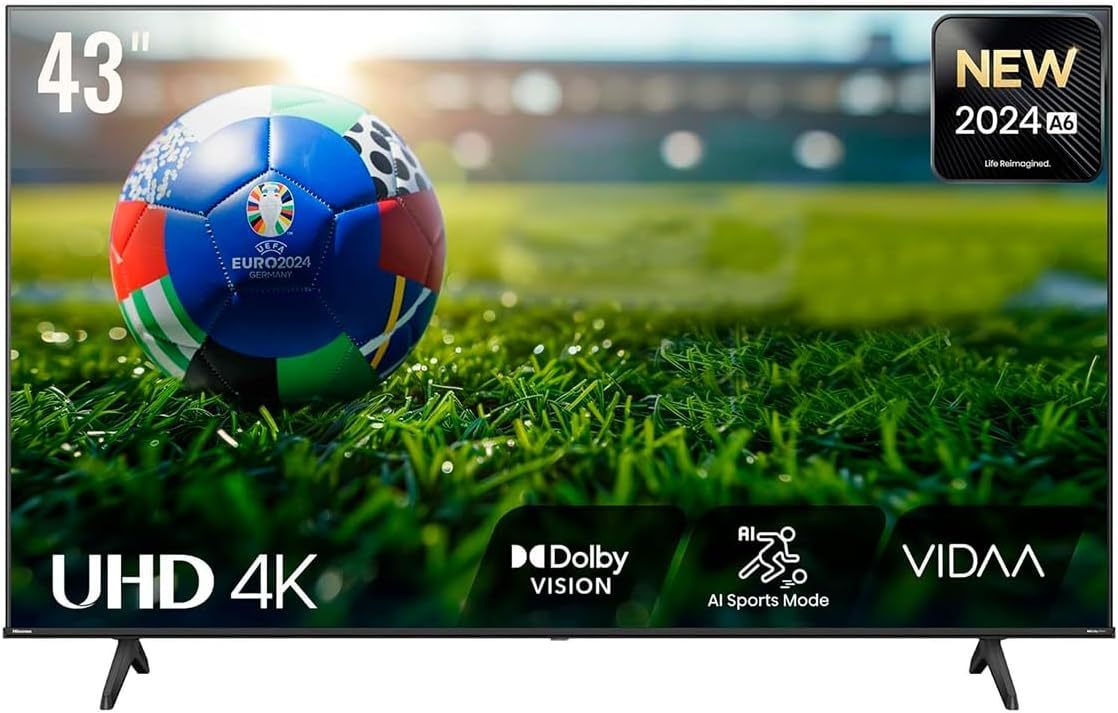 Hisense Pantalla UHD 4K de 43" 43A6NV, VIDAA Smart TV, 43 Pulgadas, Dolby Vision, Modo Juego Plus, DTS Virtual X, Control por Voz televisor, Doble Control de Volumen, (Nuevo 2024)
