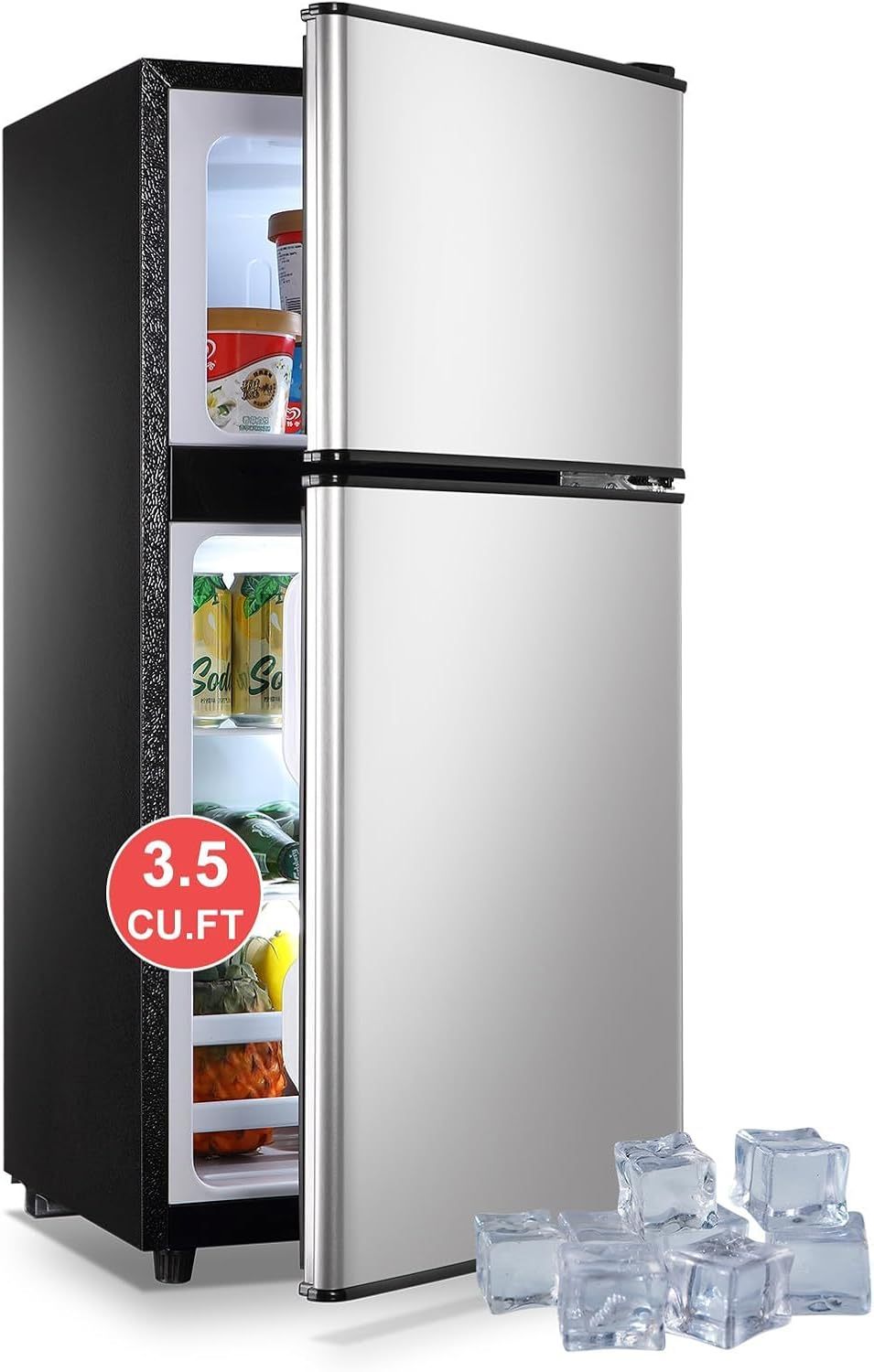 ❄️ KRIB BLING Refrigerador Compacto 3.5 Pies Cúbicos con Congelador Integrado, Doble Puerta, Termostato Ajustable 7 Niveles, Ahorro de Energía, Color Plateado