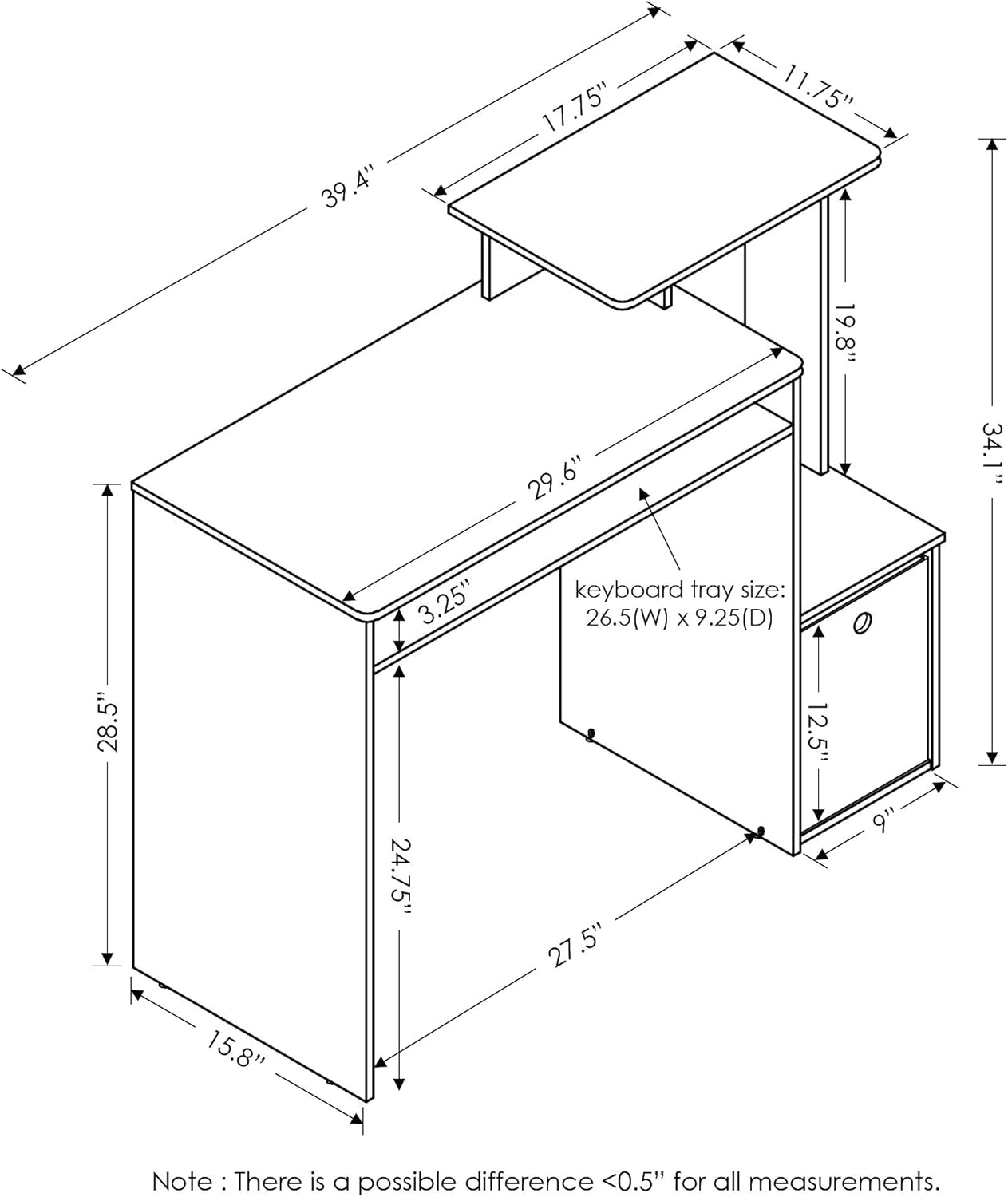 Furinno Econ Escritorio de escritura de computadora de oficina en casa multipropósito W/Bin, Blanco/Negro