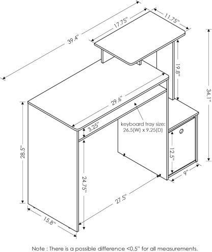 Furinno Econ Escritorio de escritura de computadora de oficina en casa multipropósito W/Bin, Blanco/Negro