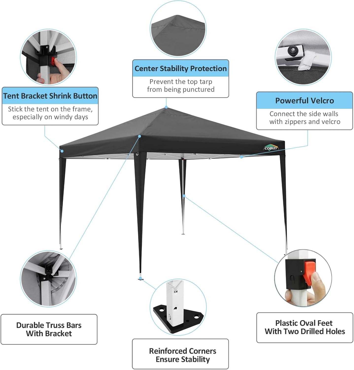 COBIZI - Toldo desplegable de 10 x 20 Pulgadas con 6 Paredes Laterales, toldo Impermeable para Eventos al Aire última intervensión, UPF 50+ cenador portátil para Fiestas, Playa, Camping, Boda,