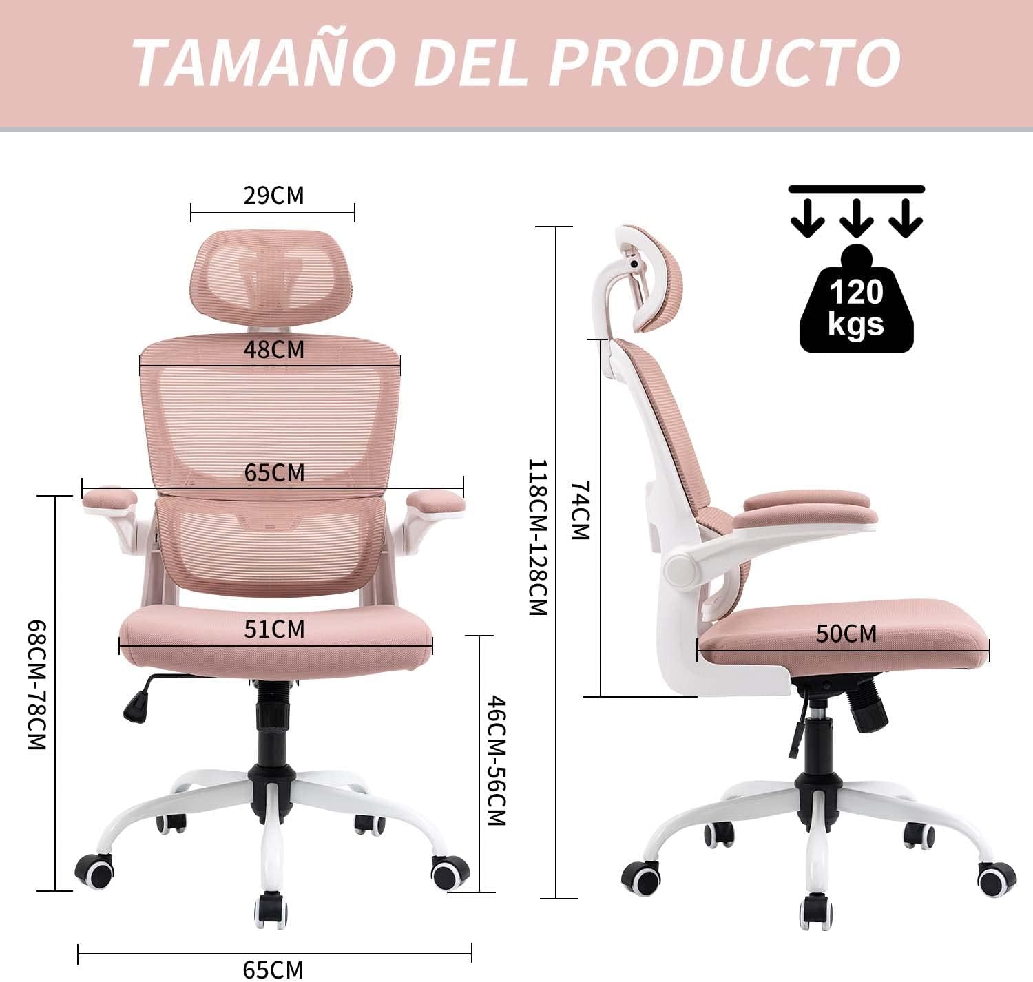 HOMEMAKE FURNITURE Silla Oficina ergonómica de Respaldo Alto con Soporte Lumbar Ajustable Altura reclinable descansabrazos Ajustables Silla Gamer sillas para Escritorio Silla ergonomica Rosa