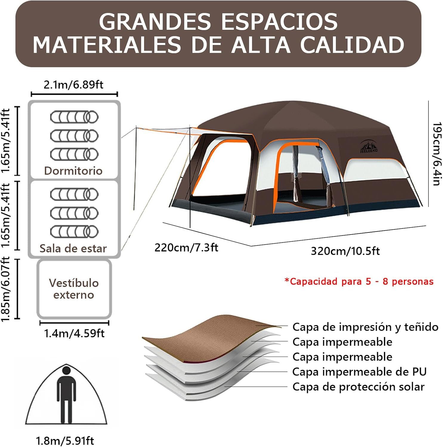 JeeLeeko Casa de CampaÃ±a PortÃ¡til,Tienda de CampaÃ±a para 5-8 Personas,Tienda Familiar de FÃ¡cil InstalaciÃ³n,Tienda para Acampar Impermeable con Alfombra de Piso y Toldo de Puerta,Adecuado para Al Aire