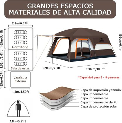 JeeLeeko Casa de CampaÃ±a PortÃ¡til,Tienda de CampaÃ±a para 5-8 Personas,Tienda Familiar de FÃ¡cil InstalaciÃ³n,Tienda para Acampar Impermeable con Alfombra de Piso y Toldo de Puerta,Adecuado para Al Aire